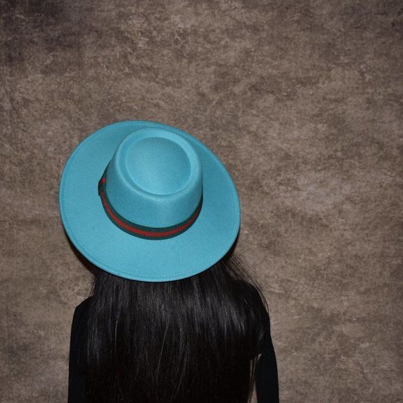 Turquoise Large Wide Brim Fedora Hat - Picture 8 of 8